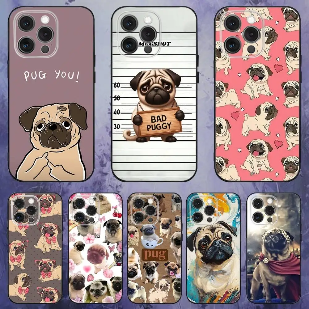 

Pug Dog Funny Cartoon Phone Case For iPhone 17,16,15,14,13,12,Pro,Max,Plus,E,SE4,Air,Mini Black Soft Box