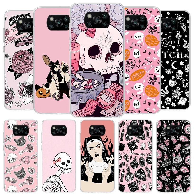 Pink Cat Skull Sorceress Witch Cover Phone Case For Xiaomi Poco X6 X5 X4 Nfc X3 Pro F6 F5 F4 Gt F3 F2 F1 M5S M4 M3 Soft Fundas S