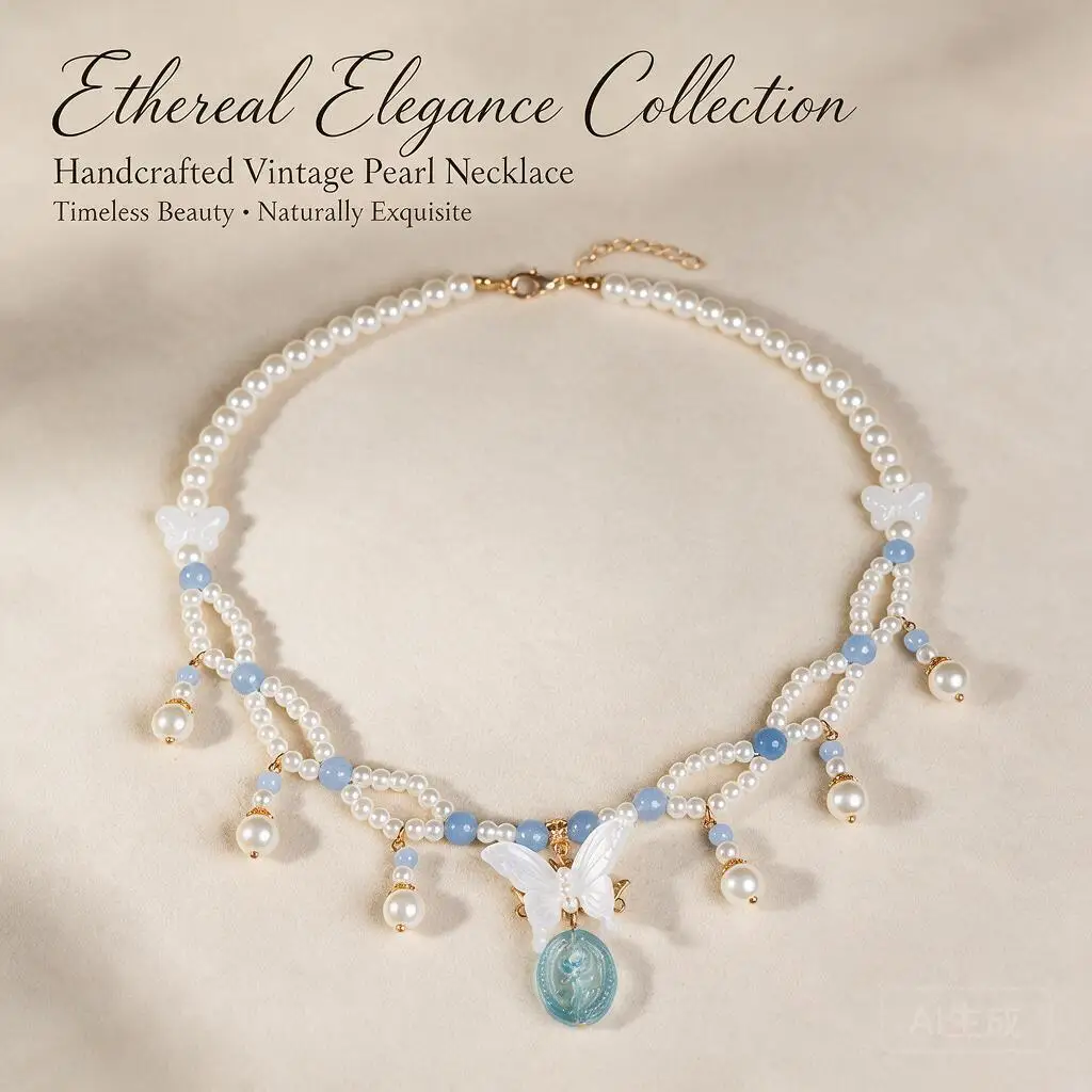 Chinese Style Double Layer Blue Butterfly Pearl Beaded Necklace For Little Girls Dunhuang Inspired Accessory For Hanfu Cheongsam