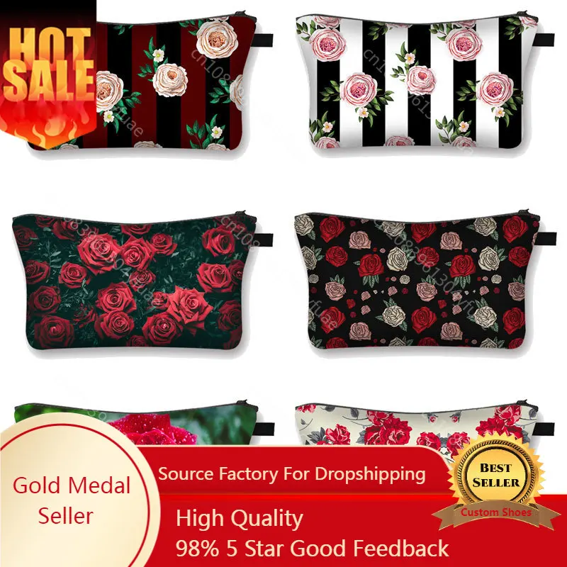 woman cosmetic organizer bag Red Roses Black 3D printing Cosmetic Bag Fashion ladies Brand makeup bag girls makeup Box