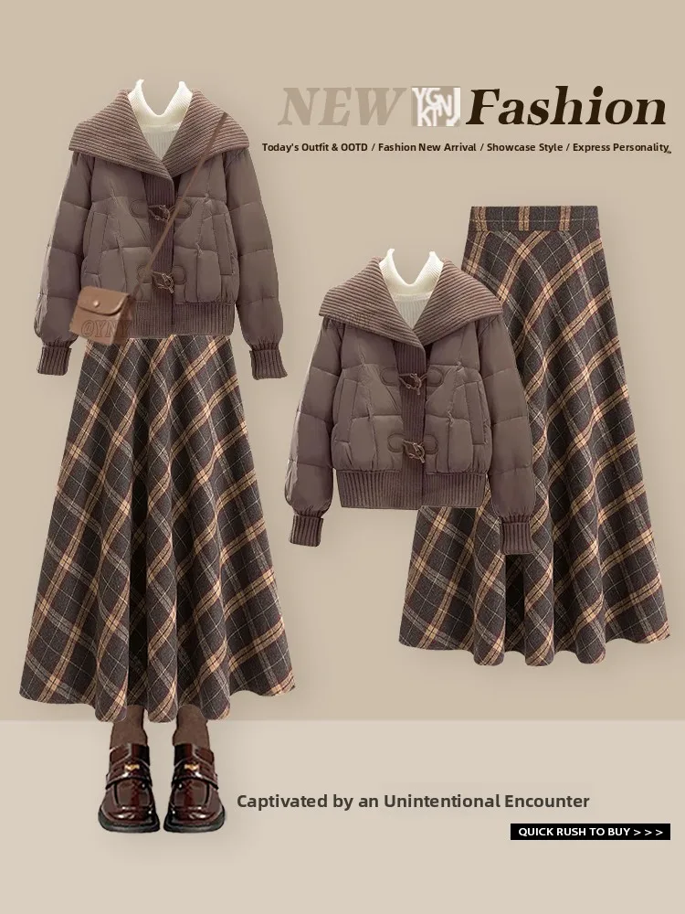 

Warm Cotton Coat And High Waist Plaid Skirt Set Vintage Lazy Sle Winter Faion Women's Ensemble Thiened Long Sve