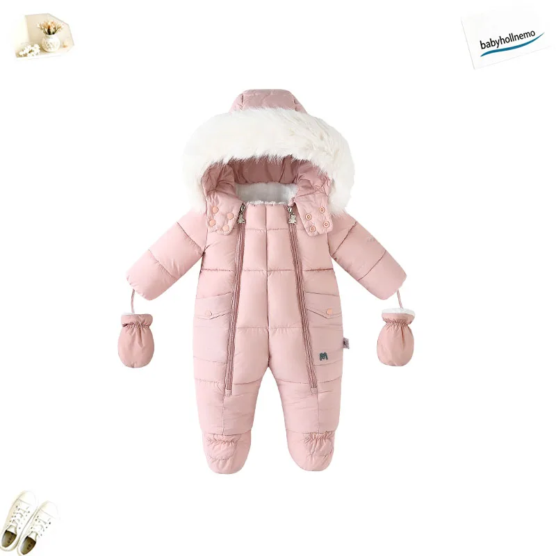 Baby Winter Snowsuit Hooded Faux Fur Trim Thick Warm Footed Romper Detachable Mittens One‑Piece Jumpsuit For Newborn Boys Girl