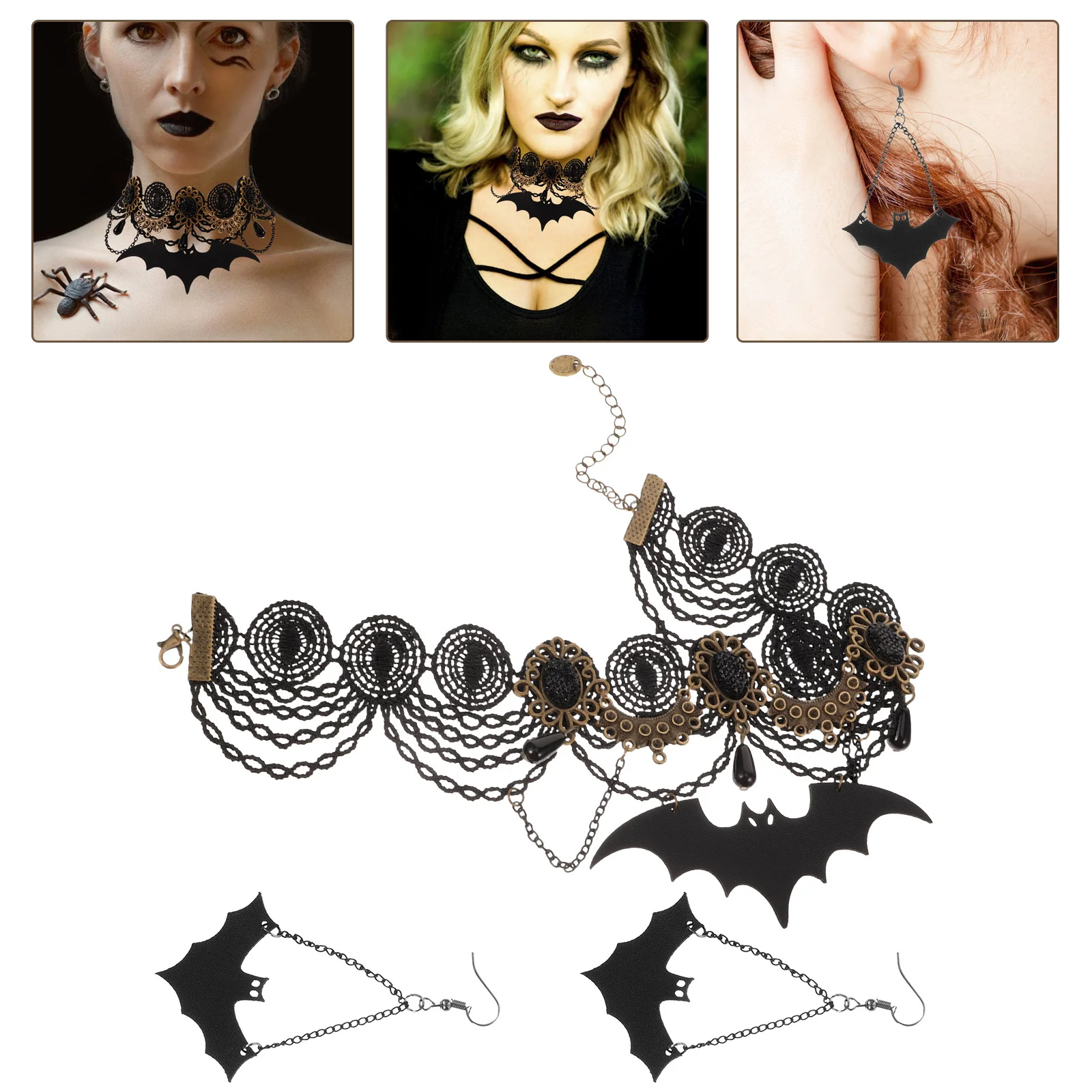1 مجموعة هالوين قلادة أقراط مجموعة الدانتيل الخفافيش قلادة مجوهرات الزخرفية مهرجان لوازم حفلة تأثيري قلادة طقم من الحلقان #1
