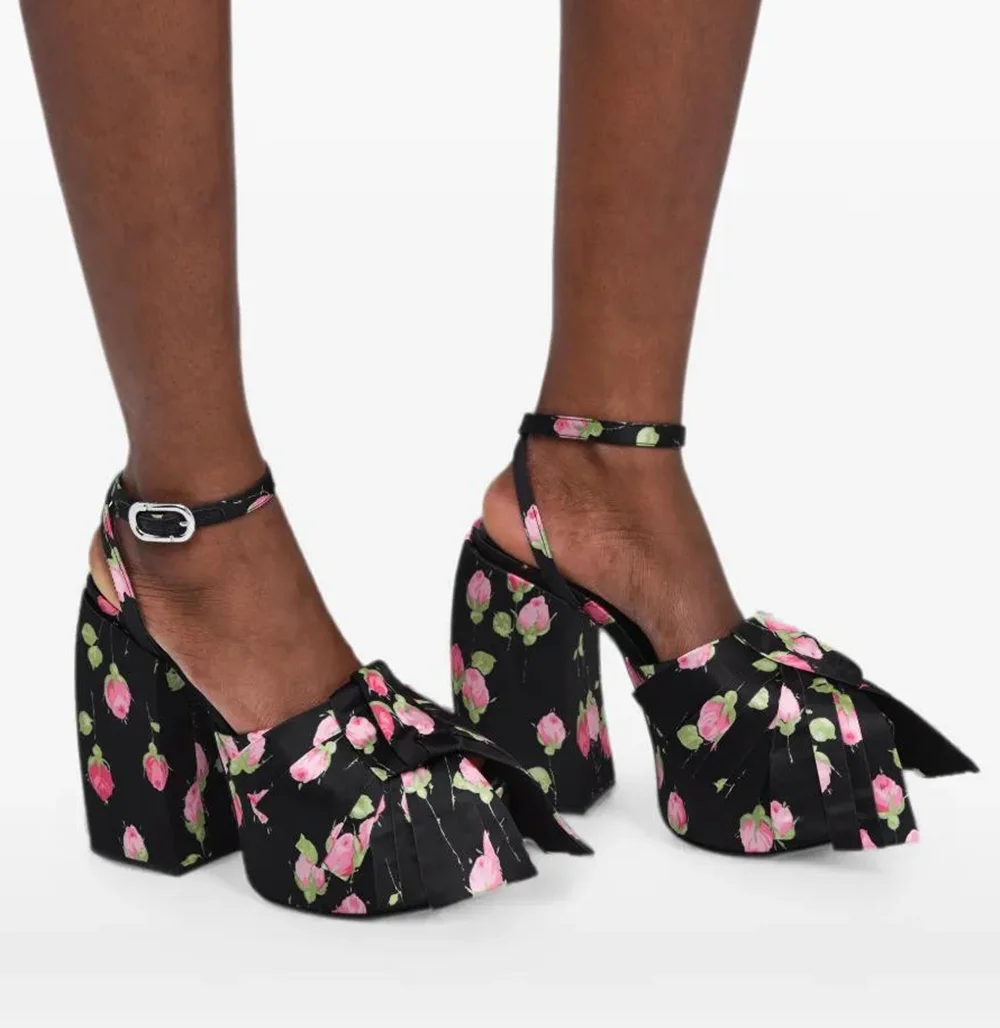 Elegant Rose Floral Printed Platform Sandals Pleated Bow Square‑Toe Chunky Block Heel Adjustable Ankle Buckle Strap Sandals