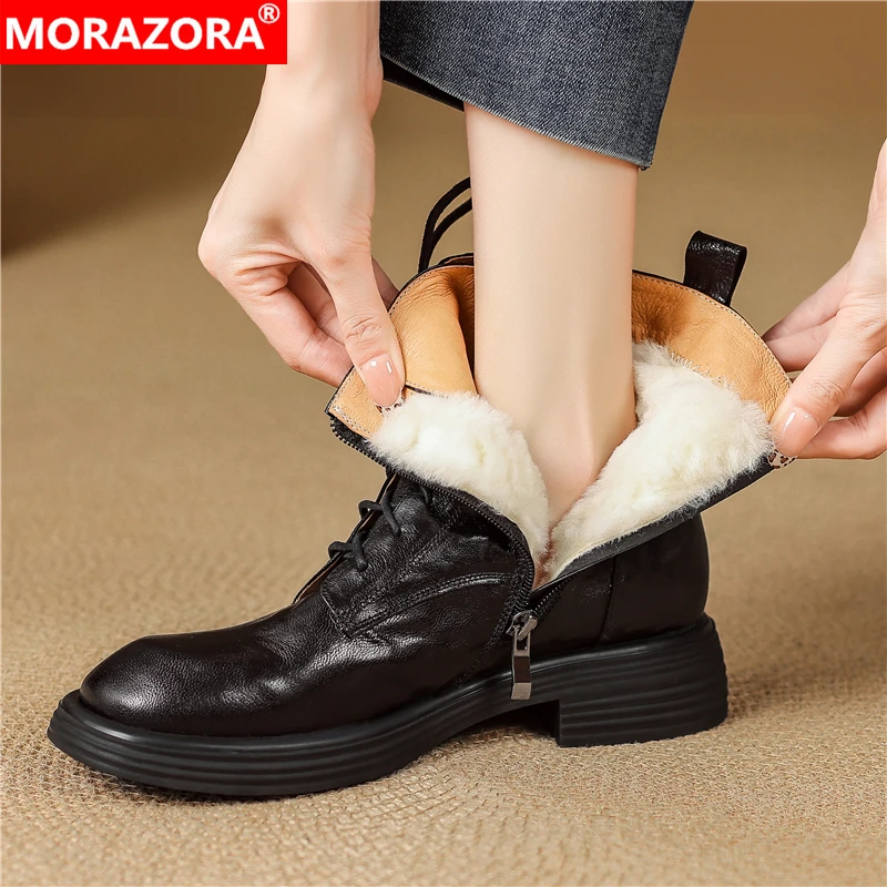 

MORAZORA Size 34-42 New Wool Warm Winter Boots Women Zipper Lace Up Handmade Genuine Leather Ankle Boots Fashion Snow Boots