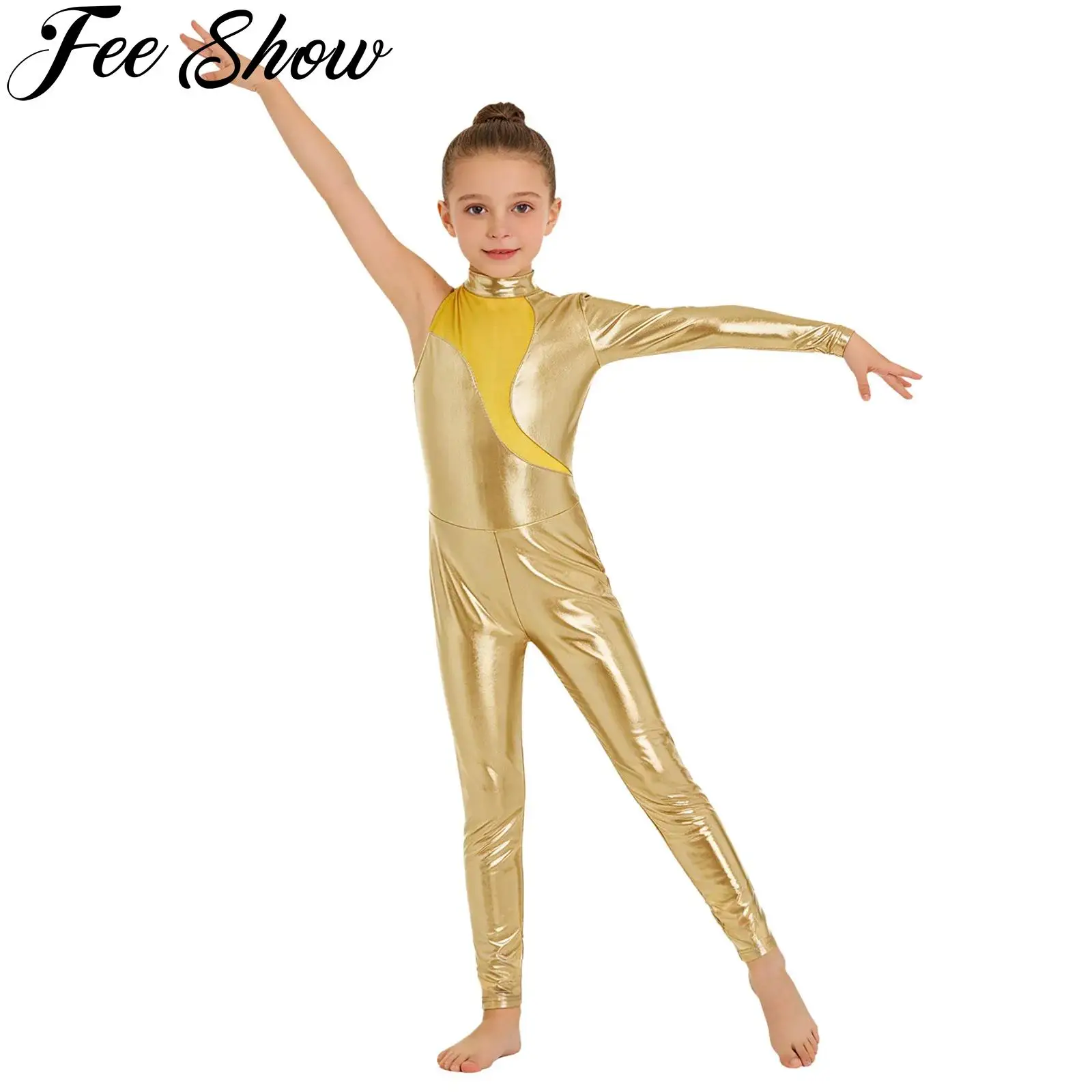 Kids Girls Metallic Ballet Dance Gymnastic Unitard One Shoulder Mesh Leotard Jumpsuit for Skating Acrobatics Workout Performance
