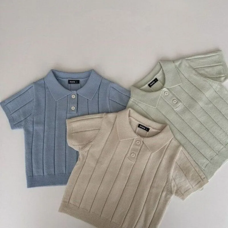 

Boys' Spring and Summer Pullover with New Spliced Button Fashion Solid Color Ice Silk Knitted Thin Elegant Short Sleeved Tops