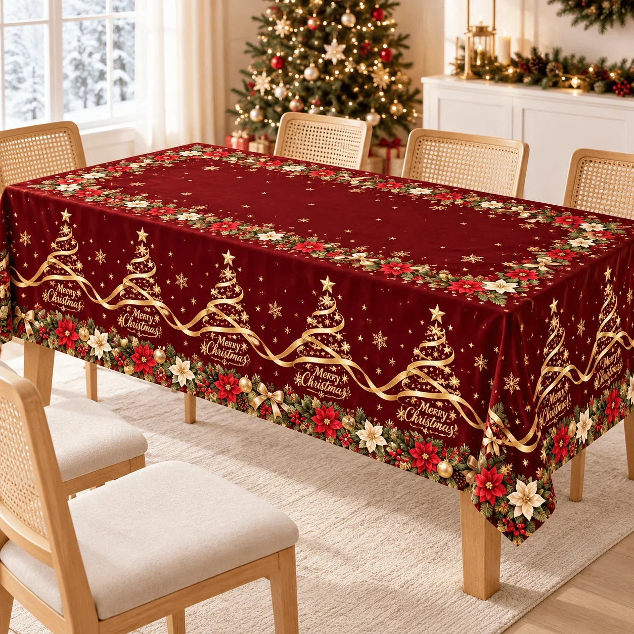 1 square tablecloth, burgundy background with gold ribbon Christmas tree, star snowflake and red and white flower border