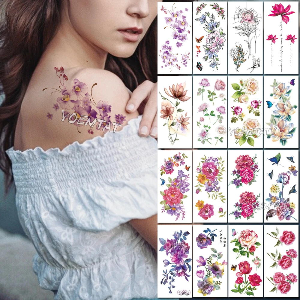 Waterproof Temporary Tattoo Sticker 3D Flower Sexy Shoulder Fake Tatoo Women Color Lifelike Natural Safe Water Transfer Printing