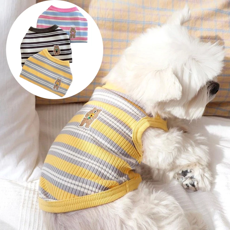 Summer Dog Clothes Bear Print Striped Shirts for Bichon Thin Vest Puppy Cat Soft Vest Fashion Pet Costume French Bulldog Clothes