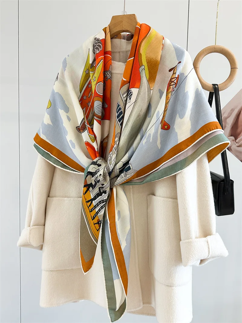 Двусторонний принт, большая шелковая шерстяная женская квадратная бандана, роскошный квадратный шарф-шаль для модных леди