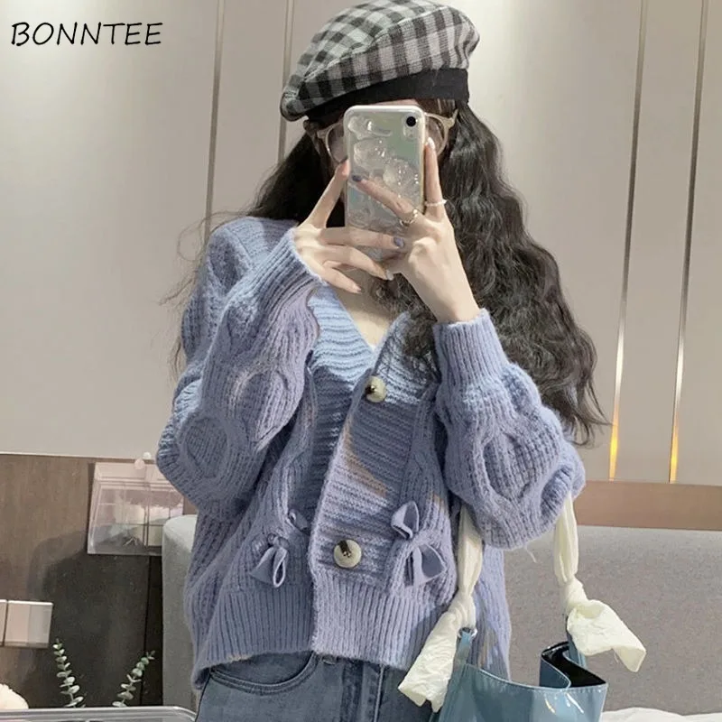 

V-neck Cardigan Women Bow Design Autumn Winter Sweet Cute Girls Young Preppy Style All-match Harajuku Gentle Sweaters Cozy Ins