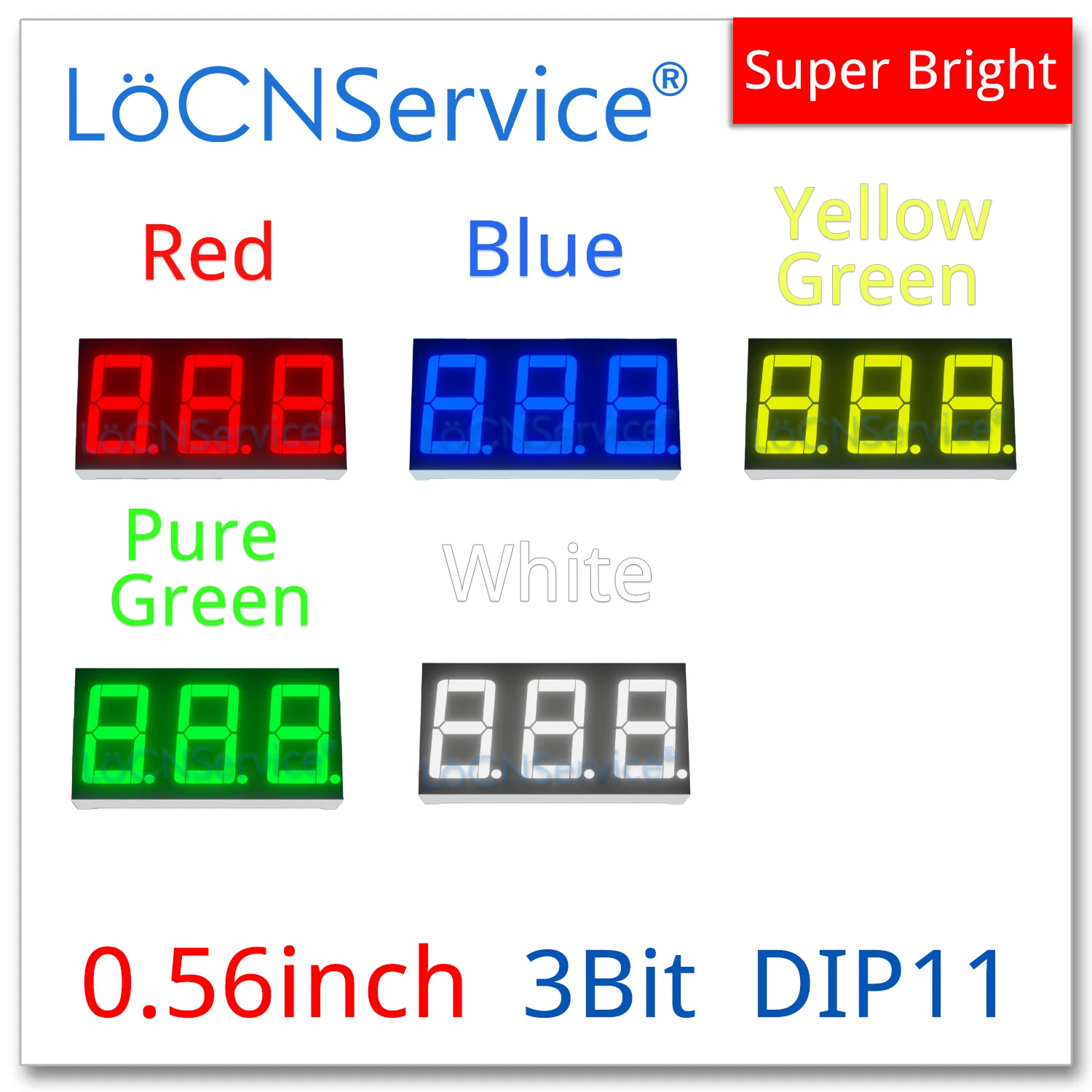 LoCNService 30 SZTUK 0,56 cala Cyfrowy wyświetlacz LED 3-bitowy Czerwony Żółty Zielony Niebieski Biały Wspólna anoda / Katoda 7 segmentów 0,56 cala