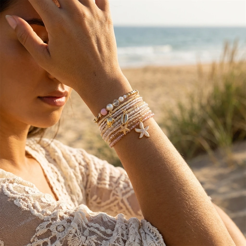 Trendy Layered Pastel Seed Bead Ocean Charm Bracelet Set for Women Sea Turtle Starfish Shell Boho Surfer Summer Jewelry