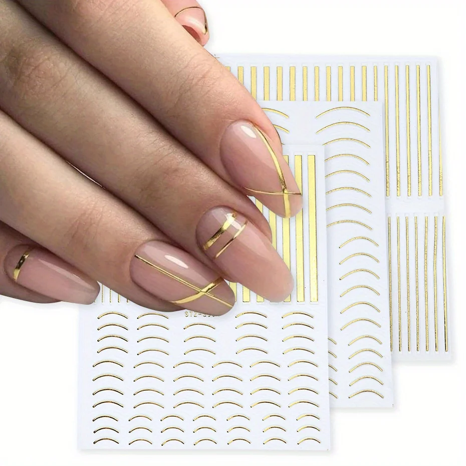 

3 Sheets Golden Silvery Striping Tape Nail Stickers 3D Wave Line Geometric Curve Adhesive Decals DIY Charm Manicure Decor Foils