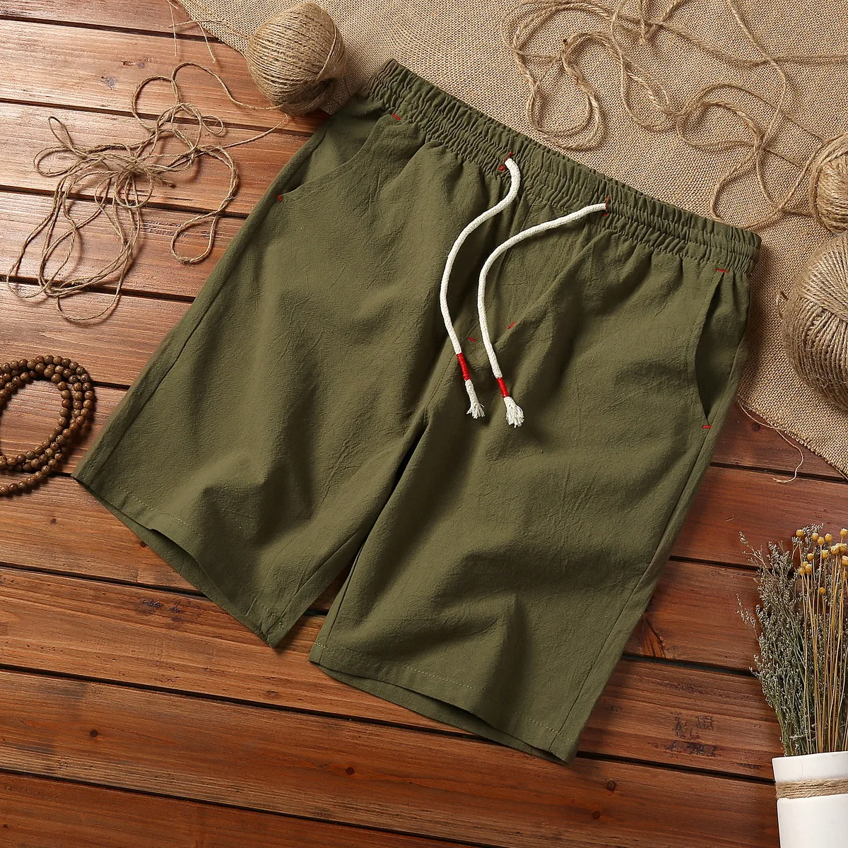 5XL Summer Hot Shorts Men Thin Breathable Solid Color White Loose Sports Casual Cotton Linen Drawcord Short Pants