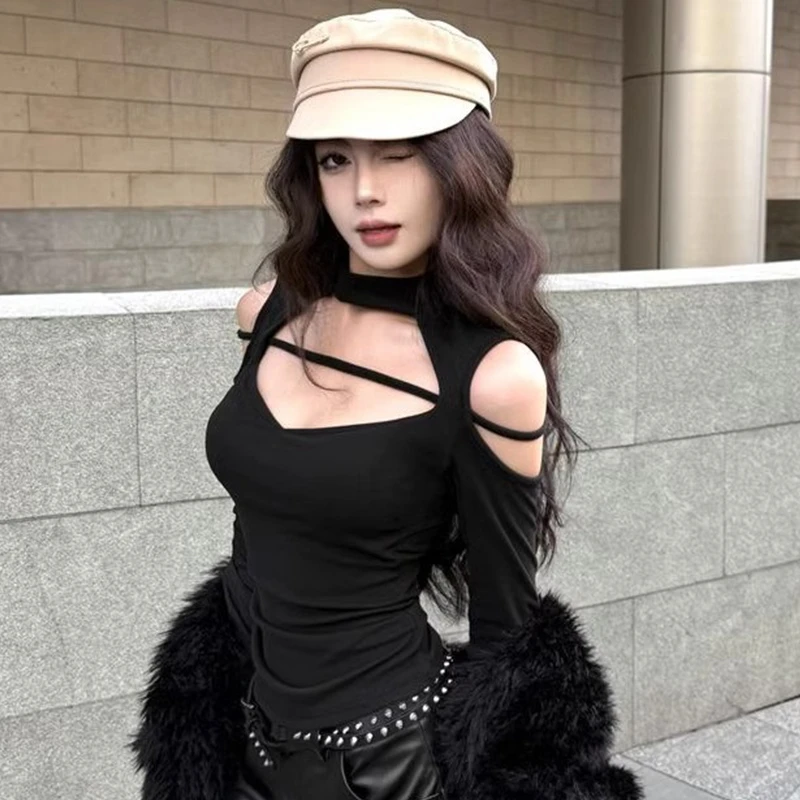 

Black Sexy Cutout Long-sleeved T-shirt for Women 2026 Autumn/Winter Fashion New Style Slimming Versatile Design Base Layer Top