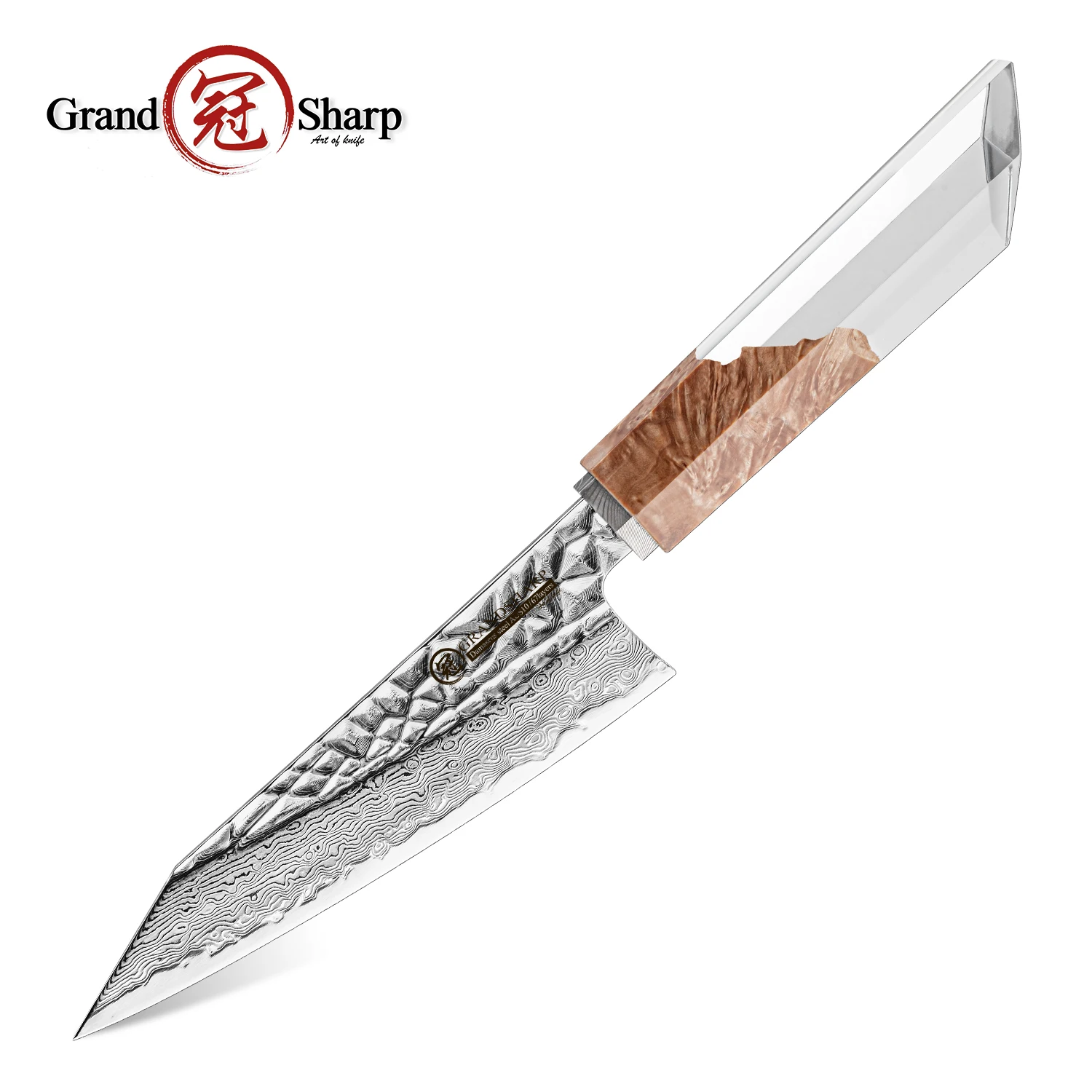 GRANDSHARP 5.5''Premium Garasuki Kitchen Knife 67 Layers Damascus Steel AUS-10 Core with Transparent Resin and Wood Handle