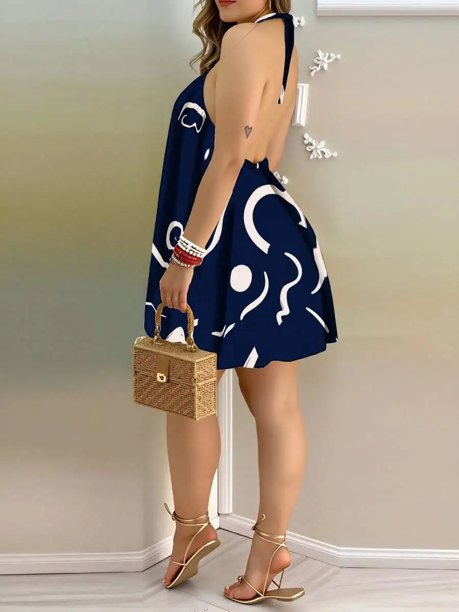 

Blue Abstract Print Halter Neck Backless Mini Dress With Side Slit For Women Summer Casual Beach Outfit