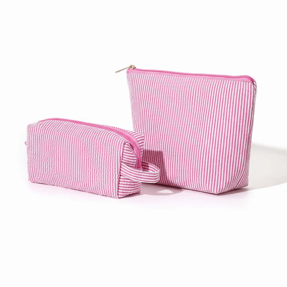 مجموعة مكونة من قطعتين من حقائب مستحضرات التجميل بتصميم مخطط لتخزين المكياج وحقيبة أدوات الزينة المحمولة وحقيبة يد ذات سعة كبيرة للتخزين