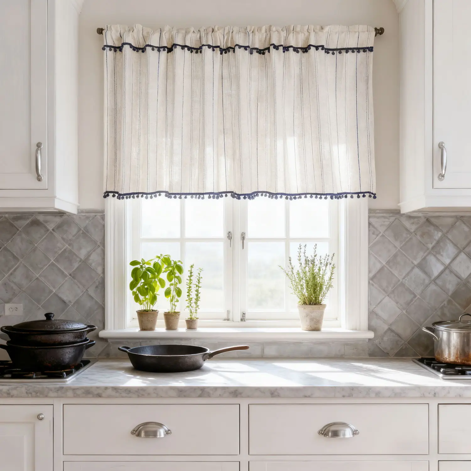 1 Panel Faux Linen Vertical Striped Short Curtain with Pom-pom, for Kitchen Small Windows Half Curtain, American Cafe Curtain