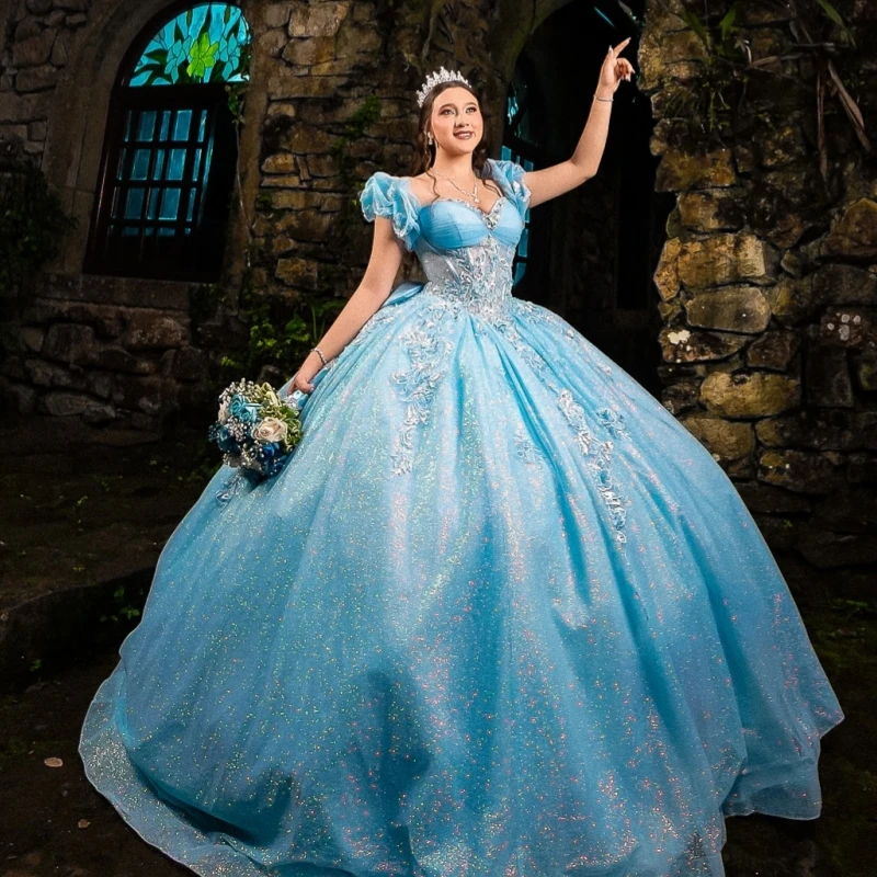 

Sky Blue Shiny Quinceanera Dresses Ball Gown Off The Shoulder Applique Lace Beads Bow Tull Corset Sweet 16 Dress Vestidos De 15