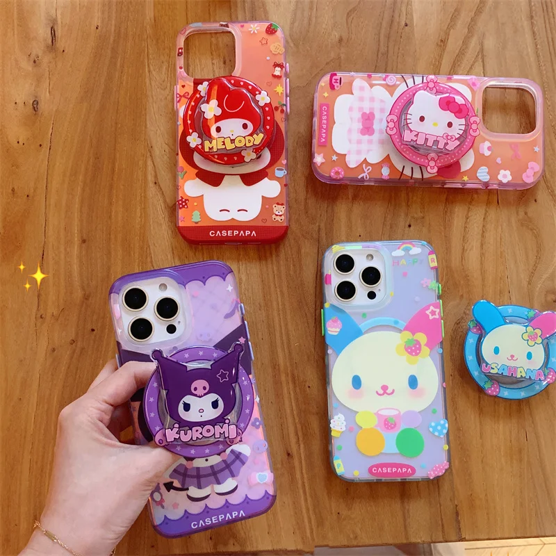 

Kawaii Cartoon Kuromi Kitty Cat Magnetic Phone Case For iPhone 16 Pro 15 14 Pro 13 Max Cover with Stand Holder Shockproof Cases
