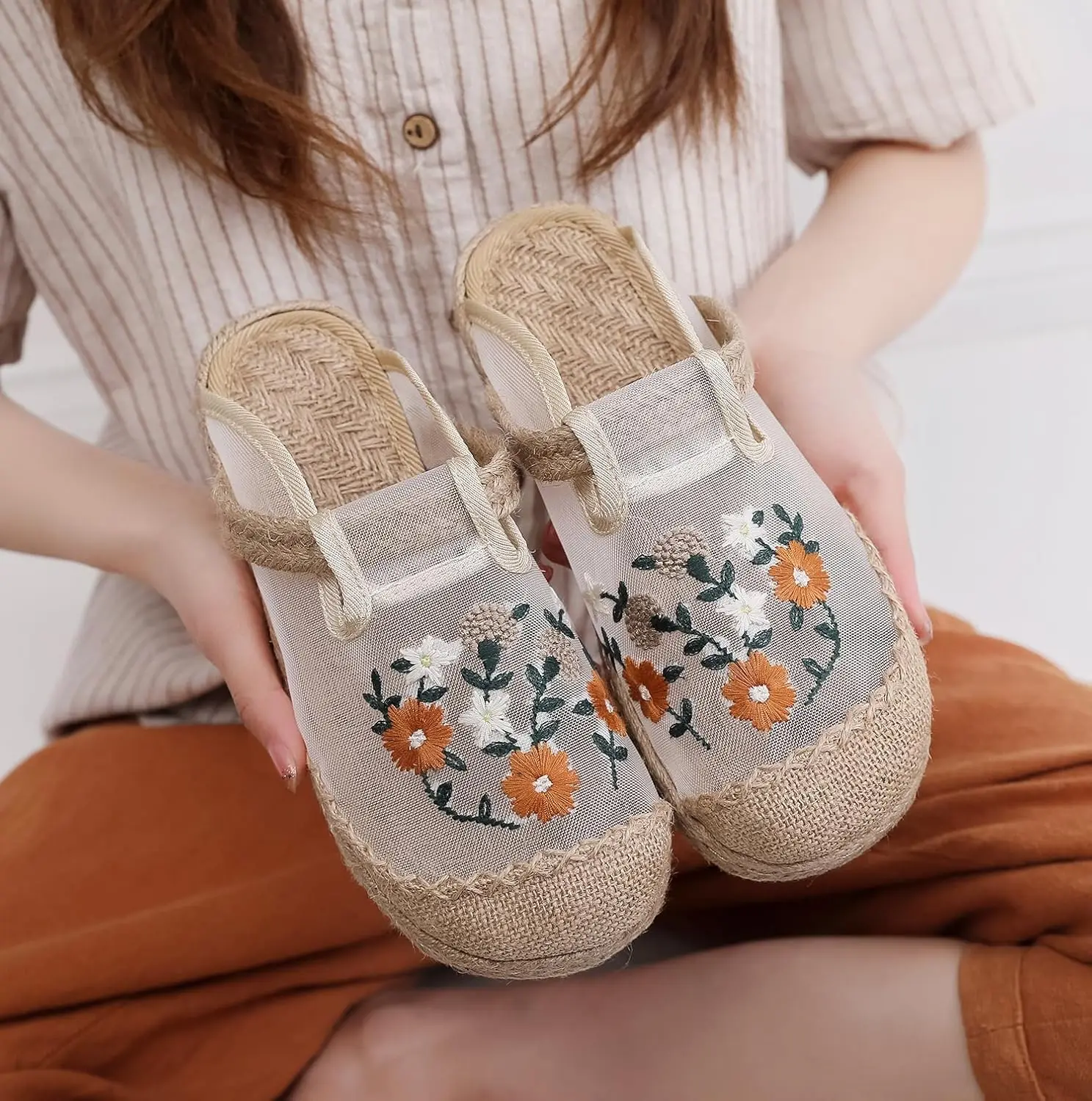Women Slippers Retro Style Linen Shoes Breathable Causal Shoes Women's Sandals Outside and Home Flip Flops