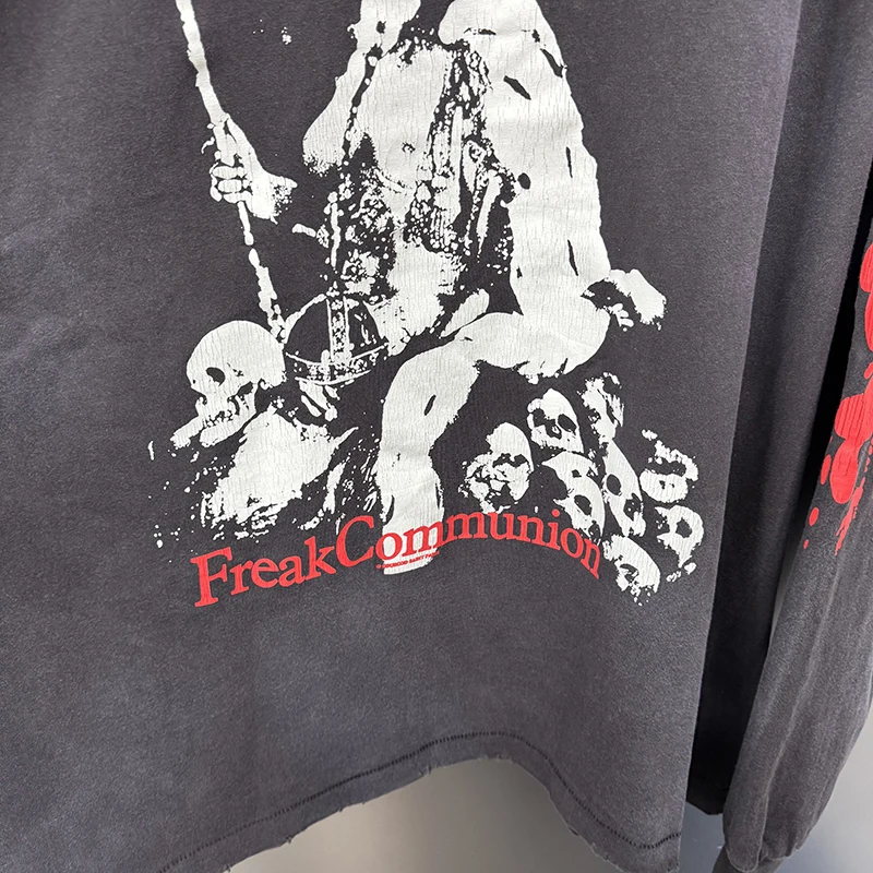 عالية الجودة سانت س الرقبة الأمريكية الرجعية الهيكل العظمي الملك الجرافيك تي شيرت الخريف القطن غسلها العصرية طويلة الأكمام بلايز #4