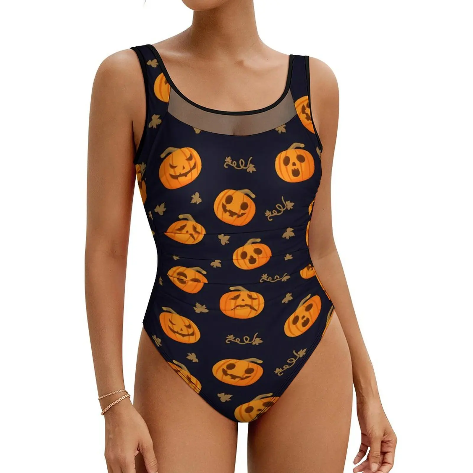 

Funny Orange Pumpkin Swimsuit Sexy Happy Halloween One-Piece Swimwear Push Up Swimsuits Novelty Fitness Bathing Suit