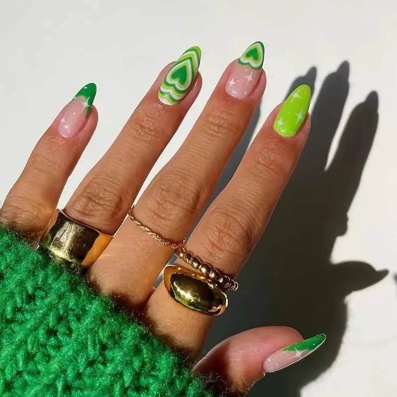 24PCS Lime Green Press On Nails - Almond French Tip Fake Nails With Love Heart Designs, Reusable Nails For Women