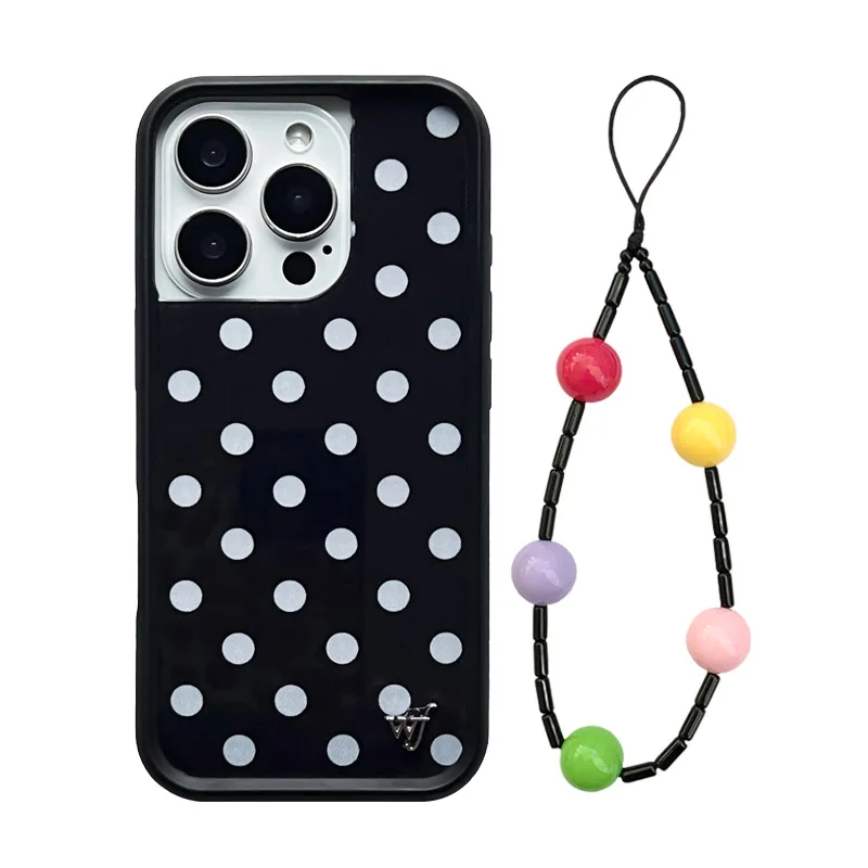 حافظة هاتف منقطة ملونة بسيطة لهاتف آيفون 16 برو 15 بلس 14 12 13 برو ماكس مع سلسلة من الخرز حافظات لطيفة على شكل زهرة برية Funda