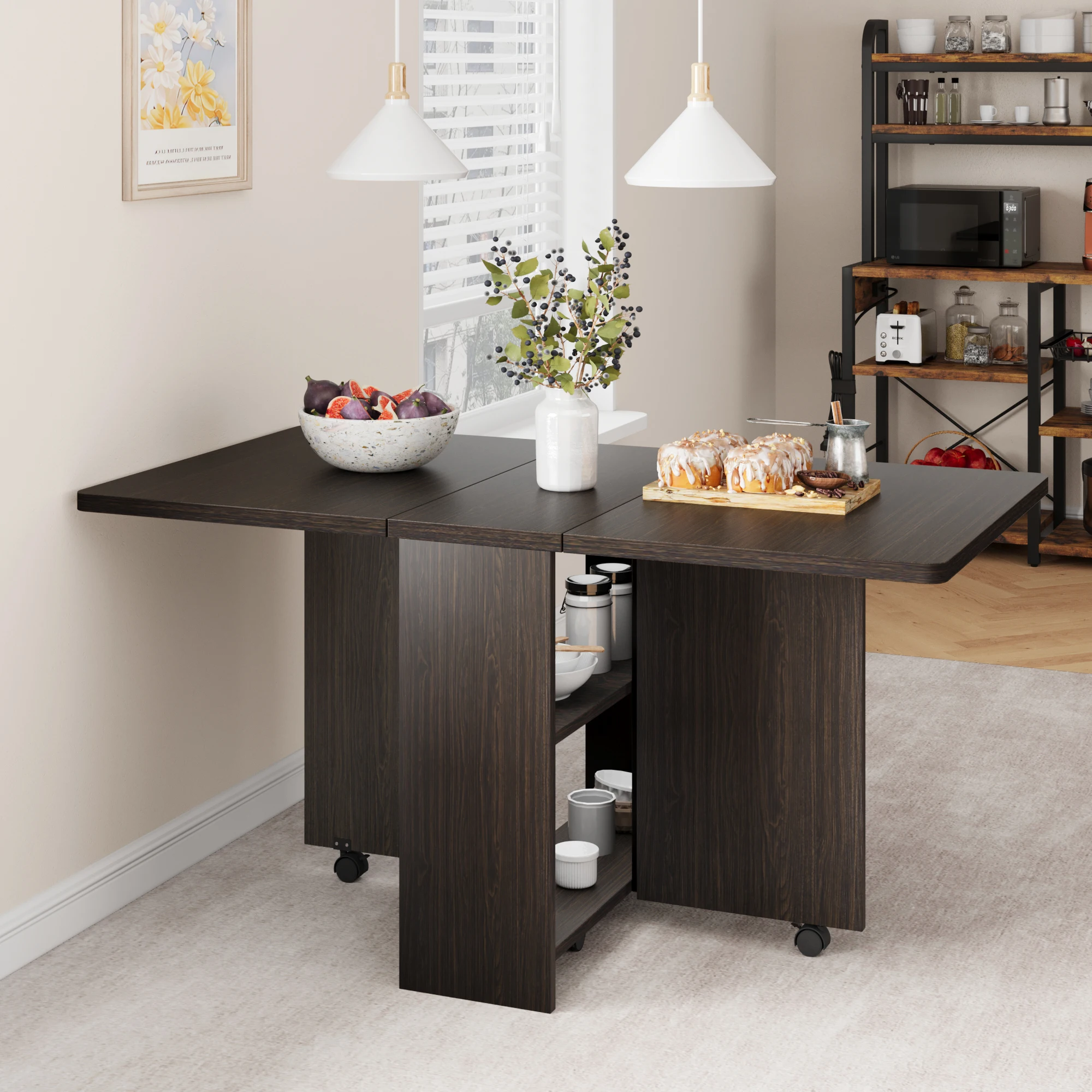 Folding Table Space-Saving Folding Drop Leaf Dining Table with 2-Tier Storage & 6 Lockable Wheels – Extendable Kitchen Table for Small Apartments (Dark Walnut, 47.2