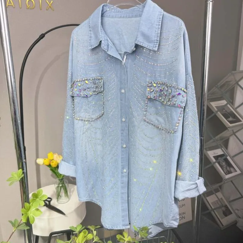 

Korean Chic Chic Top Striped Crystal Rhinestone Denim Jacket Casual Loose Fit Shirt