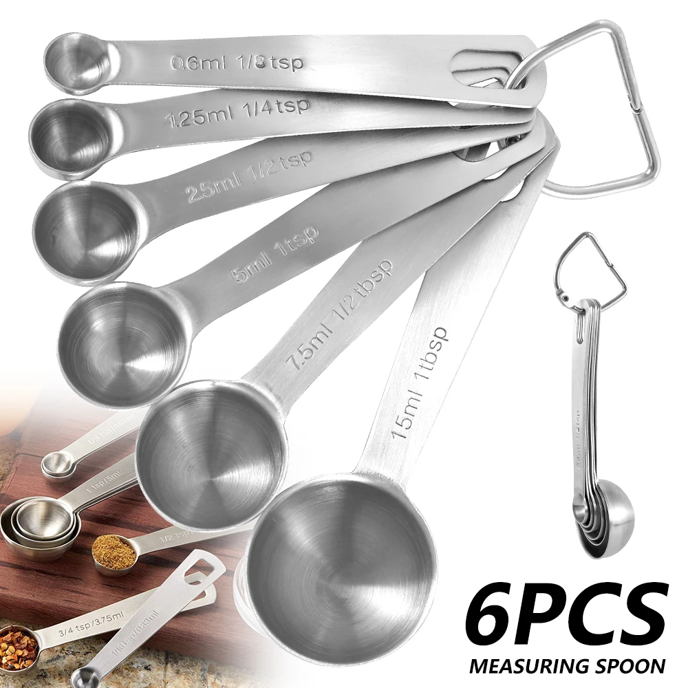 6Pcs Measuring Spoon Set Food Grade Stainless Steel Nesting Measuring Spoon with Long Handle Safe Measuring Teaspoon Metal