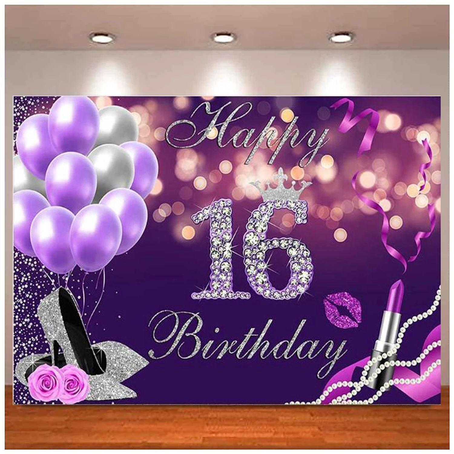 

Backdrop Sweet Girl Purple Bokeh Balloons Glitter Silver High Heels Diamond Lipstick Background 16th Birthday Party Decoration