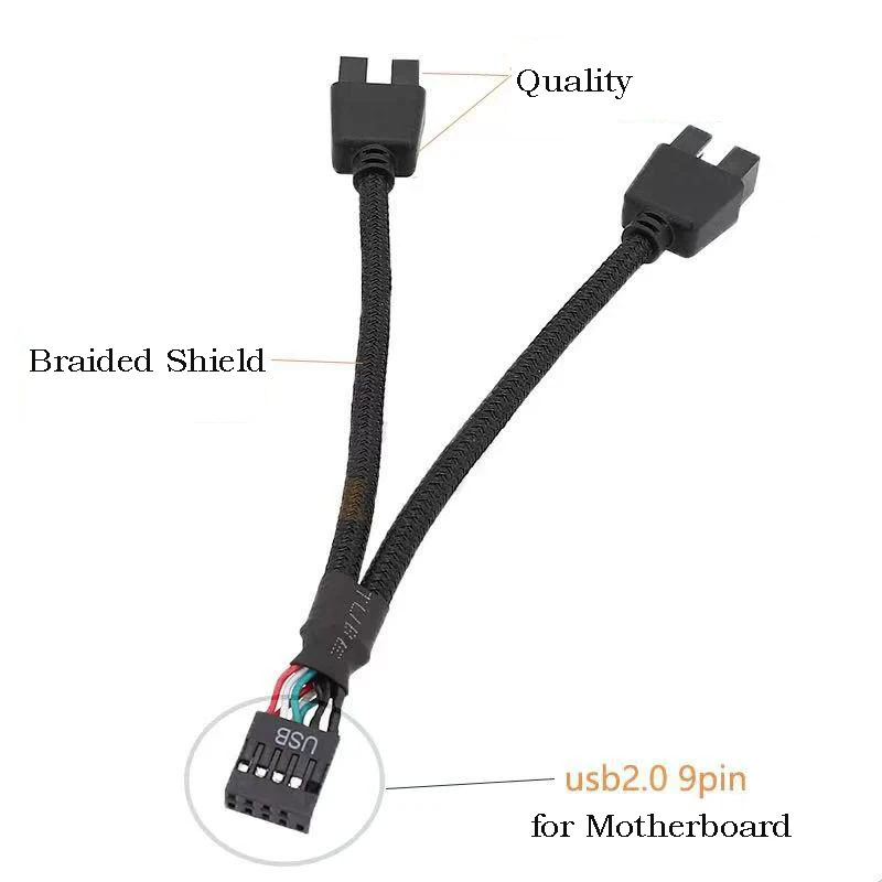 USB 9 PIN to Dual 9 Pin Cable Splitter Computer PC Case Mainboard 1 In 2 Out Data Transfer Braided Shield Wire HUB Extend Line