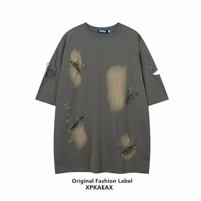 

Juspinice New Fashion Pin Hole Short Sleeve Oversized T-shirt Men Clothing Solid Color Half Sleeved Loose Casual Tees Men Tops