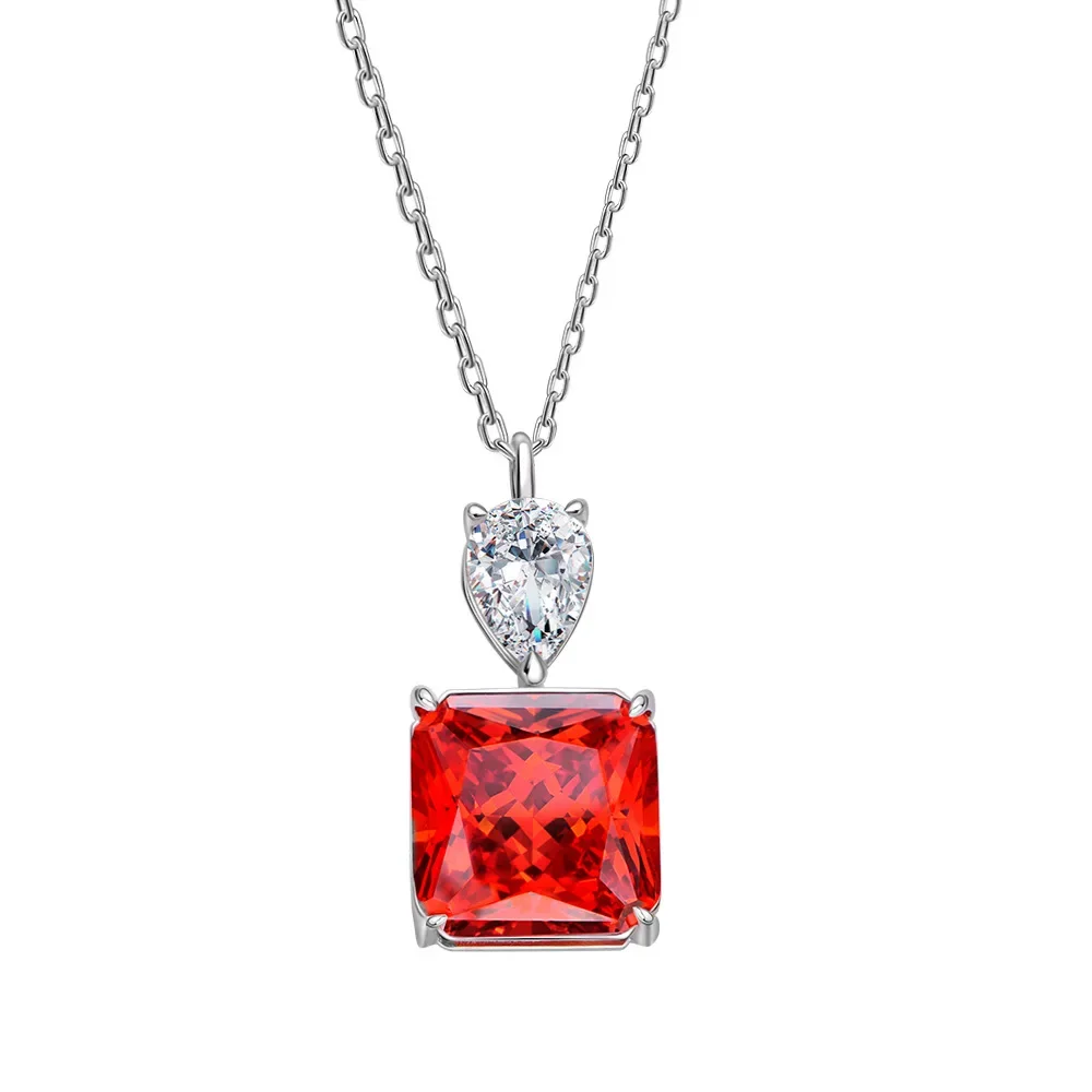 New Models 8ct High Carbon Diamond Necklace for Women, 10 * 10 Ice Cut Padma Color Simulation Ruby Small and Versatile