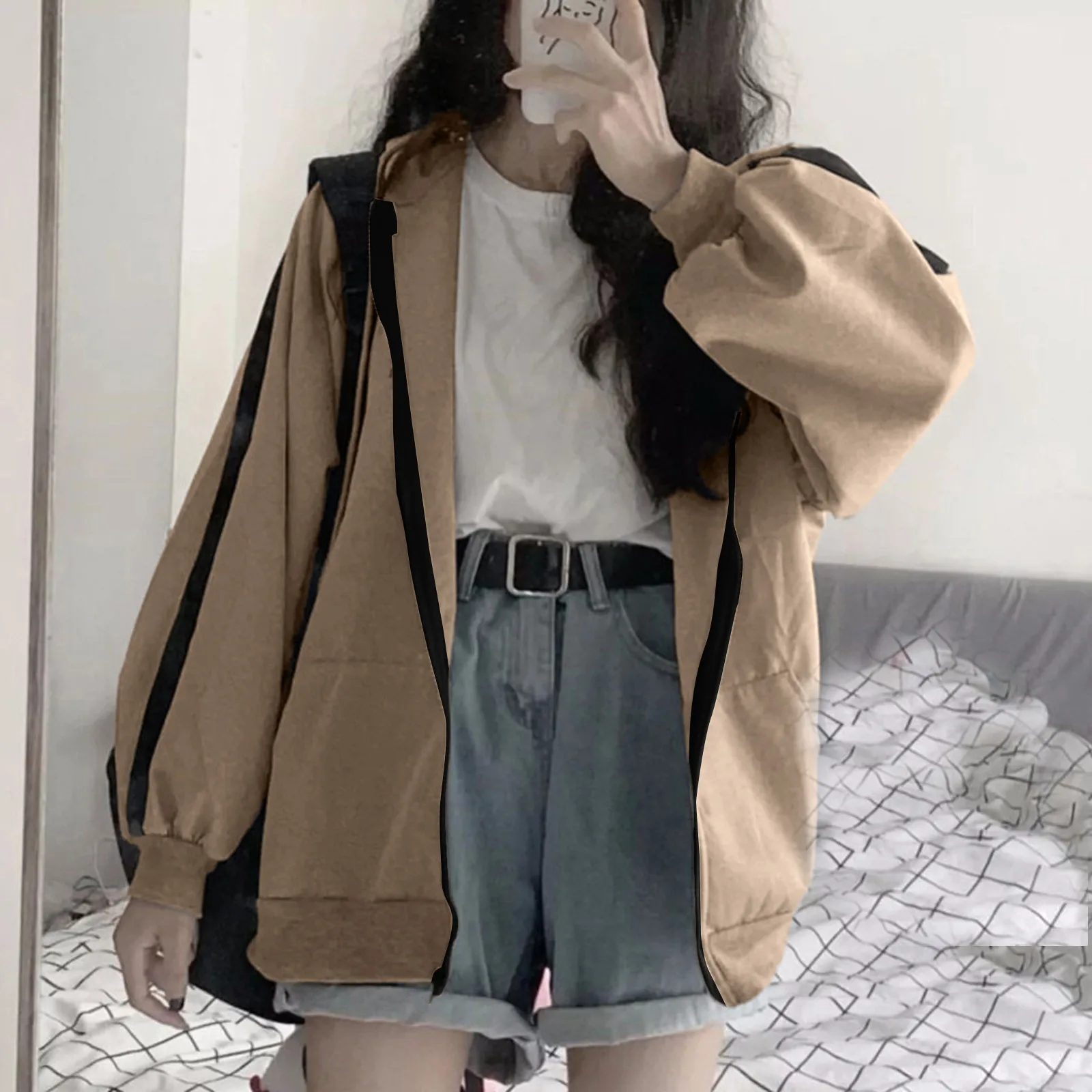 Solid Color Hoodies Womens Loose Sweater Long Sleeve Irregular Sweatshirt Y2k Zip Up Jacket Korean Style Pullover Elegant Blouse