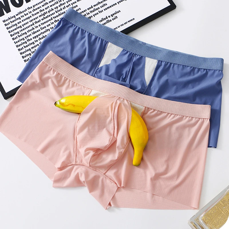 Ice Silk Thin Mens Underwear Panties Seamless Sexy Separate Scrotum Pouch Boxer Shorts Quick Dry Breathable Underpants Cuecas
