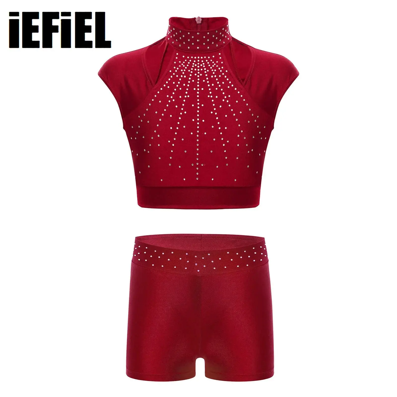 Kids Girls Dance Outfits Cutout Crop Top with Shiny Rhinestones Waistband Shorts for Figure Skating Dance Gymnastics Performance