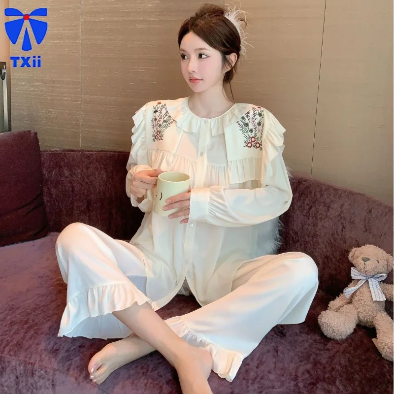 TXii Newlook Palace Style Girl Ice Silk Jacquard Autumn New Pajamas Women\'s High-end Bow Long-sleeved Home Clothes solid color