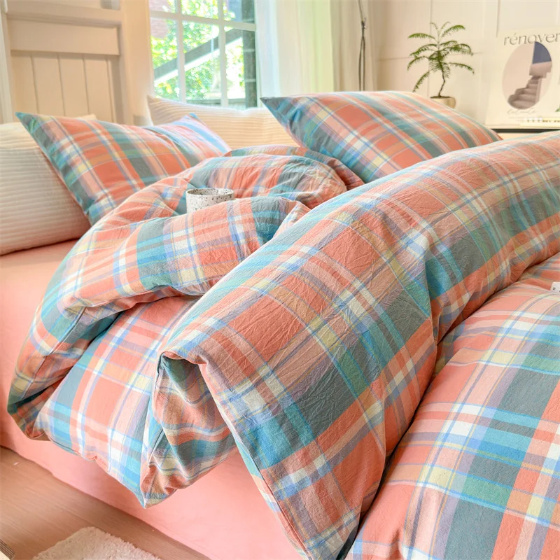 

100% Cotton Soft Quilt Cover Check Design Duvet Cover with Pillowcase Bedspread Bedding Set Comforter Cover Bedclothes for bed