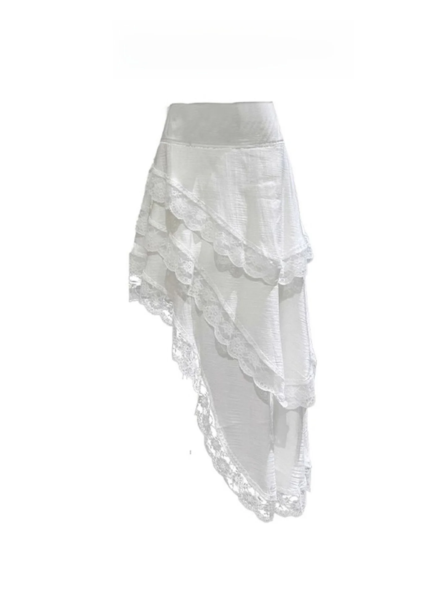 

Sweet Design Elastic Waist Midi Skirt Women's White Asymmetrical Lace f-length Skirt Commute Vintage High Waist A-line Skirt