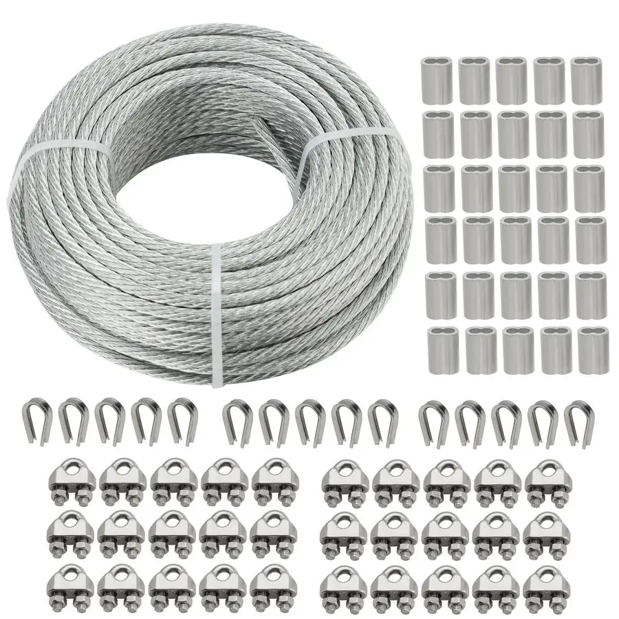 

16 Galvanized Steel Wire Rope 150ft Steel Cable Kit 7x7Aircraft Cable with Stainless Clamp Thimbles Crimping Loop Sleeve, for Cl