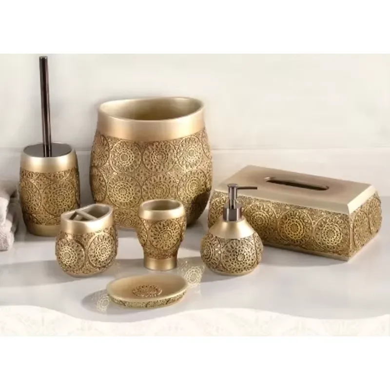 Modern Beige Gold Resin Bathroom Accessories Set 7 Piece Luxury Eco Friendly Durable Hotel Design Topsky Home Decor Kit