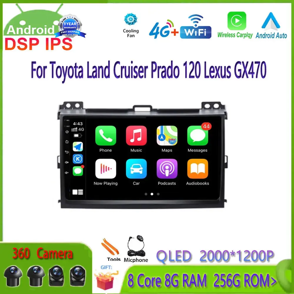 

For Toyota Land Cruiser Prado 120 Lexus GX470 Car Radio Multimedia Players Android 14 Autoradio CarPlay Auto No 2Din 2 Din DVD