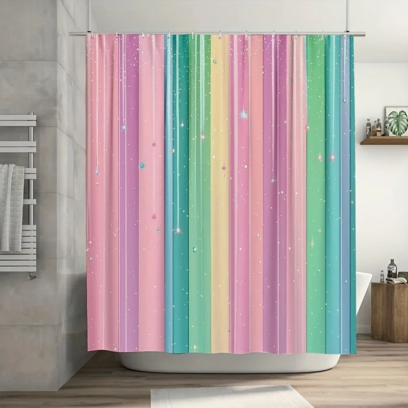 1pc Pastel Glitter Vertical Shower Curtain Rainbow Stripes Sparkle Bathroom Bathtub Window Panel with Hooks Machine Washable