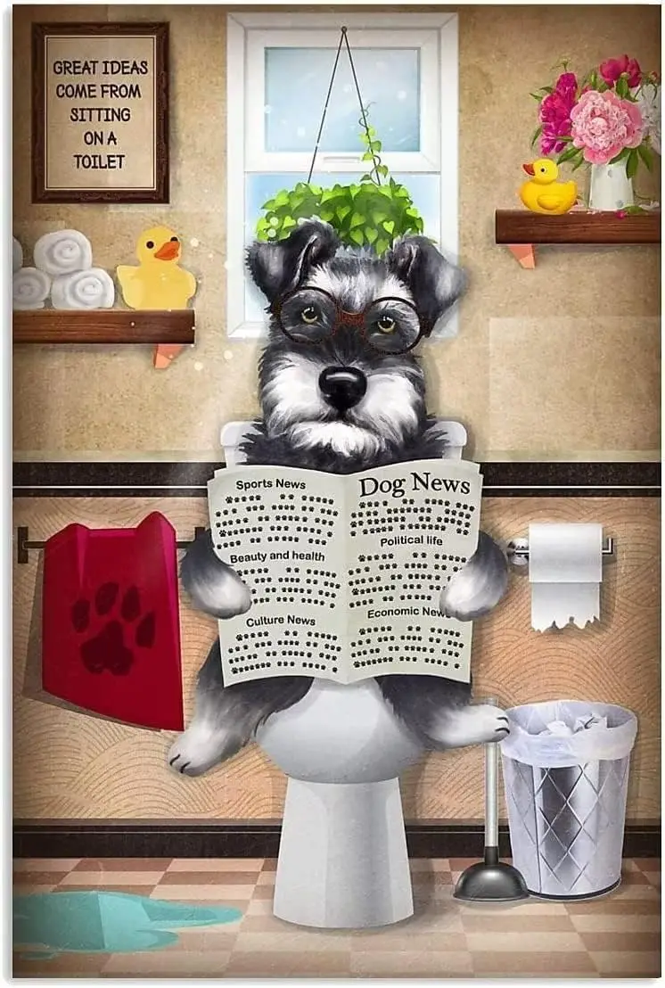 Schnauzer Funny Metal Tin Sign Schnauzer Dog Read Newspaper Toilet Paper Tin Sign Vintage Poster Home Art Wall Decoration Bathro